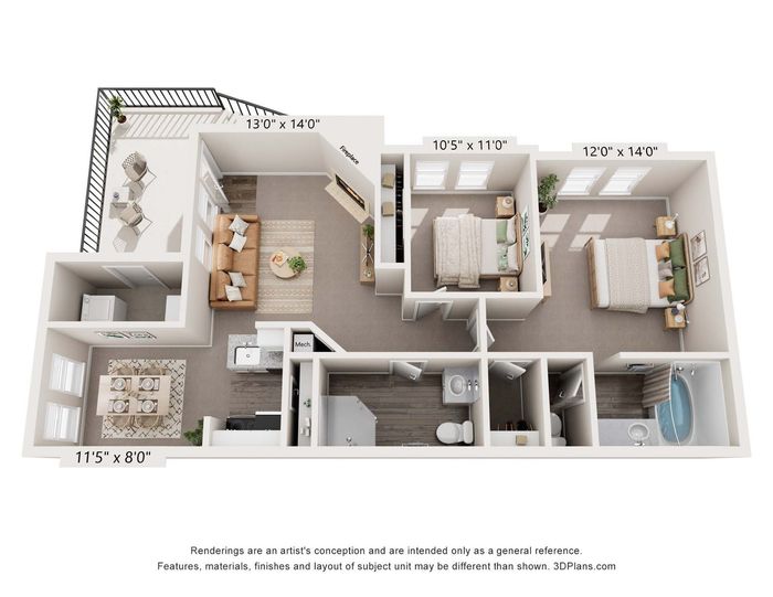 Inviting 3D floor plan featuring a spacious two-bedroom layout, cozy living room with fireplace, modern kitchen with dining area, and expansive balcony.