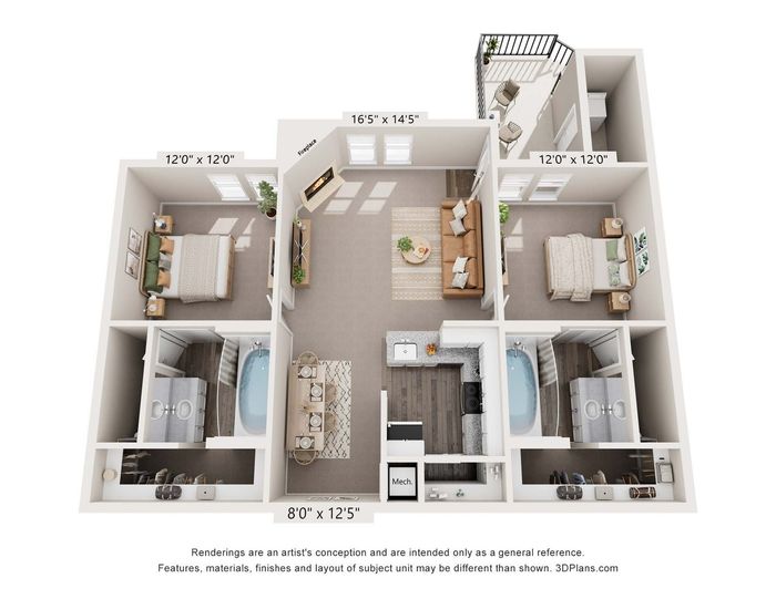 Contemporary 3D floor plan featuring 2 spacious bedrooms, an elegant living area with a cozy fireplace, and a modern kitchen with an island. Includes two luxurious bathrooms and a charming balcony for outdoor relaxation.