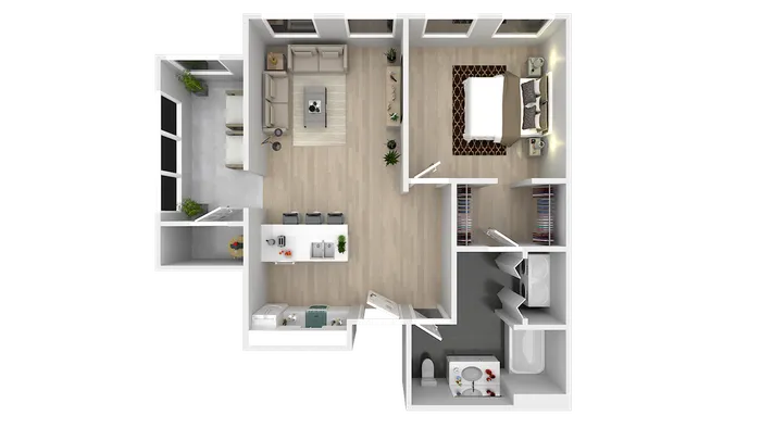 Modern 2D floor plan showcasing a cozy 1-bedroom apartment with an open-concept living room, stylish kitchen, and elegant bathroom.