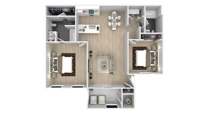 Modern 3D floor plan showcasing two spacious bedrooms, open-concept living and dining area, and sleek kitchen. Features include two bathrooms, ample closet space, and a cozy balcony.
