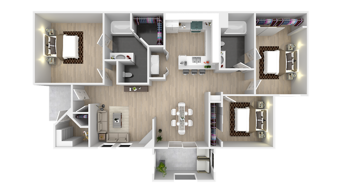 Luxurious floor plan displaying 3 spacious bedrooms, modern kitchen, open-concept living and dining area, and elegantly designed bathrooms.
