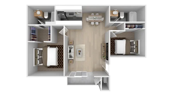 Contemporary 3D floor plan showcasing two cozy bedrooms, an open living space with a chic kitchen, and elegant bathrooms.