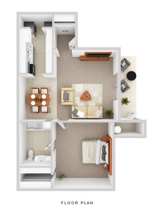 Modern 3D floor plan showcasing a cozy one-bedroom apartment with a stylish kitchen, inviting living area, and elegant dining space.
