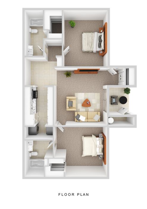 Modern 2-bedroom apartment floor plan featuring a cozy living area, sleek kitchen, and convenient workspace.