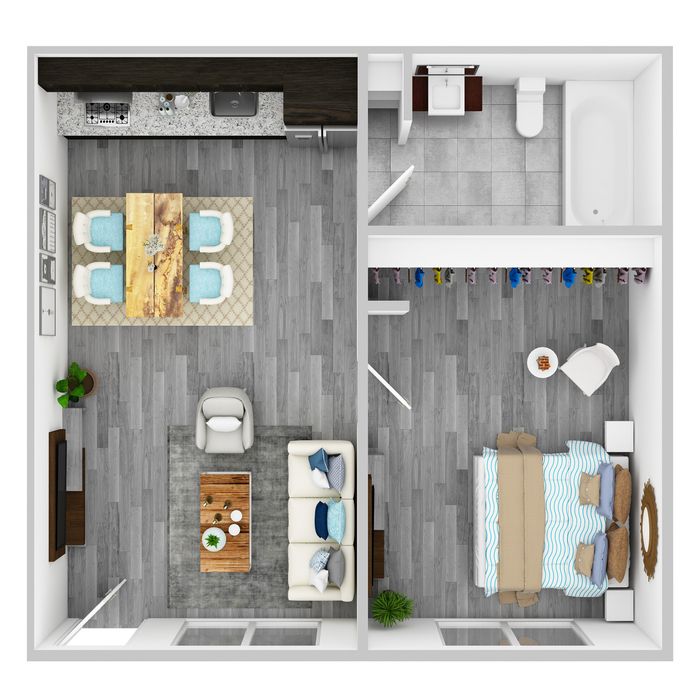 Charming 2D floor plan showcasing a cozy 1-bedroom layout with open living and dining area, modern kitchen, and stylish bathroom.