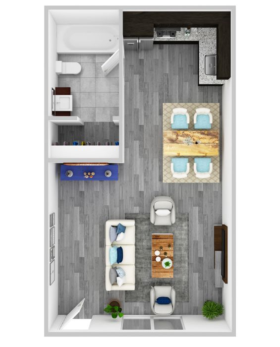 Modern open-concept floor plan featuring a spacious living room, stylish sitting area, dining space for four, sleek kitchen, and a well-equipped bathroom.
