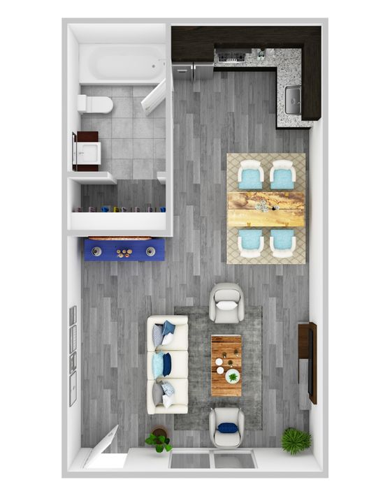 Modern floor plan featuring a spacious open-concept dining and living area, a cozy kitchen with elegant fixtures, and a well-appointed bathroom.
