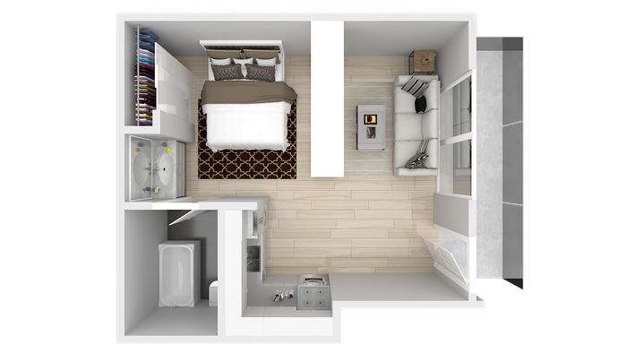 Modern and cozy studio apartment floor plan with an open-concept living area and a sleek kitchen.