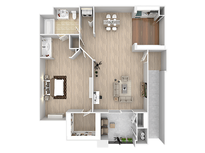Modern floor plan showcasing one bedroom, open living room with kitchen, and two bathrooms, featuring chic interior design and spacious layout.
