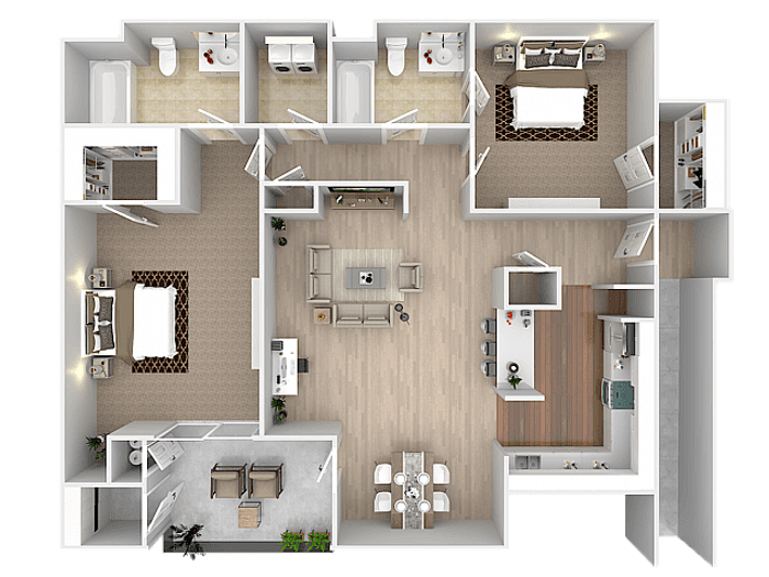 Elegant 3-bedroom floor plan with open-concept living area, modern kitchen, and cozy outdoor patio.