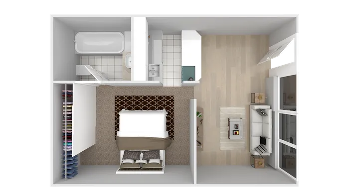 Modern floor plan highlighting a cozy bedroom, spacious bathroom, and an inviting living area with natural light.