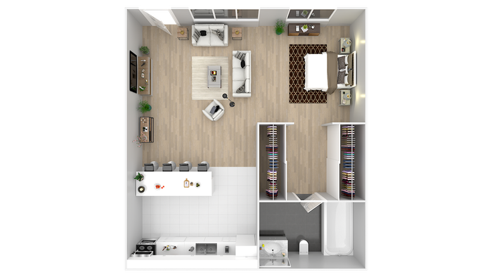 Elegant 2D floor plan with a spacious open living area, modern kitchen with island, cozy bedroom, and sleek bathroom.