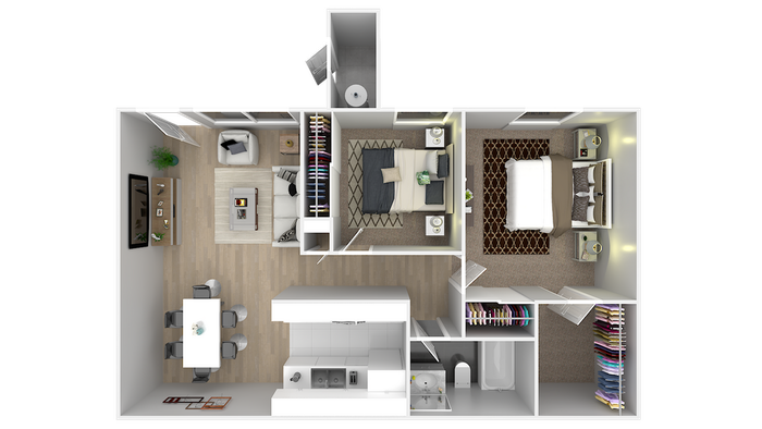 Modern 2-bedroom apartment floor plan featuring a cozy living room, open dining area, and well-equipped kitchen with stylish finishes.