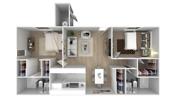 Modern 3D floor plan showcasing a stylish layout with 2 cozy bedrooms, a chic living room, and a sleek kitchen. Ideal for contemporary living.