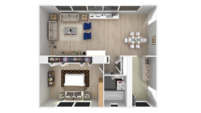 Modern 2D floor plan featuring an open living area, cozy bedroom with walk-in closet, elegant dining space, and a well-equipped kitchen.