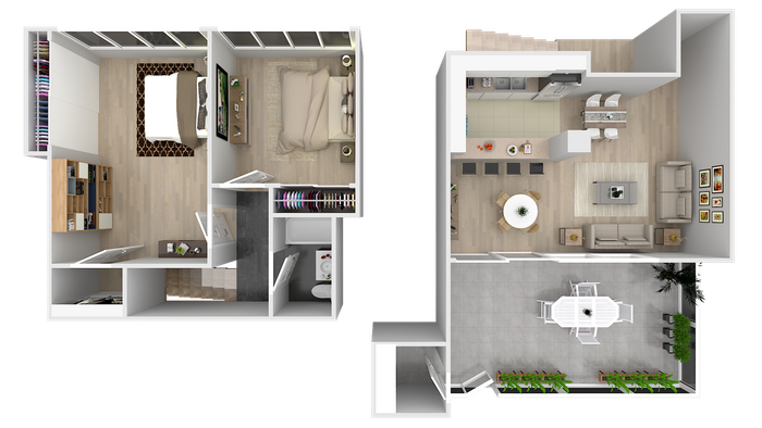 Contemporary 2D floor plan showcasing a spacious open-concept living area with a stylish kitchen, a comfortable bedroom, modern bathroom, and a lush balcony space.