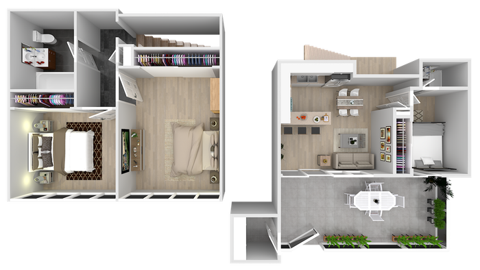 Modern 3D floor plan featuring two luxurious bedrooms, an elegant open-concept living room with a sleek kitchen, and a stylish outdoor patio area.