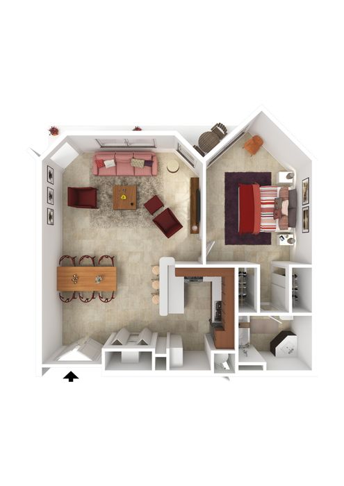 Charming open-concept floor plan with cozy living room, elegant dining area, modern kitchen, and inviting bedroom.