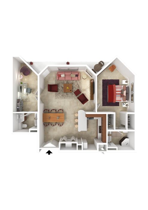 Elegant floor plan showcasing a one-bedroom apartment with an open-plan living and dining area, modern kitchen, and a cozy home office space.