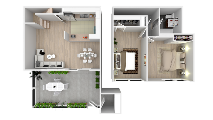 Contemporary 2D floor plan highlighting a cozy one-bedroom layout, airy living space, modern kitchen, and inviting outdoor patio area.