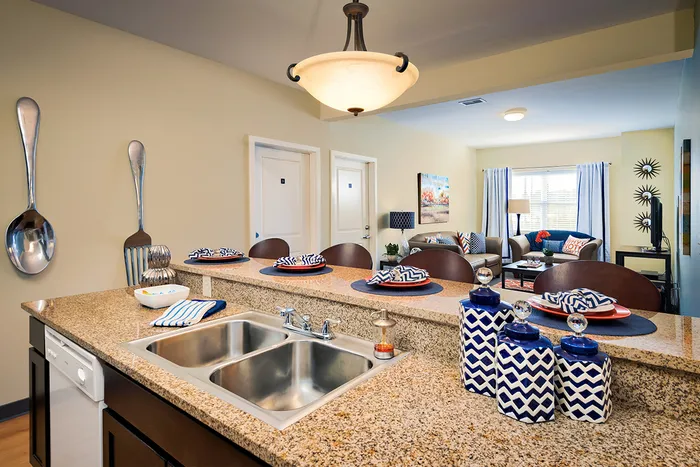 Model living room at our apartments for rent in Syracuse, featuring leather couches and carpeted flooring.