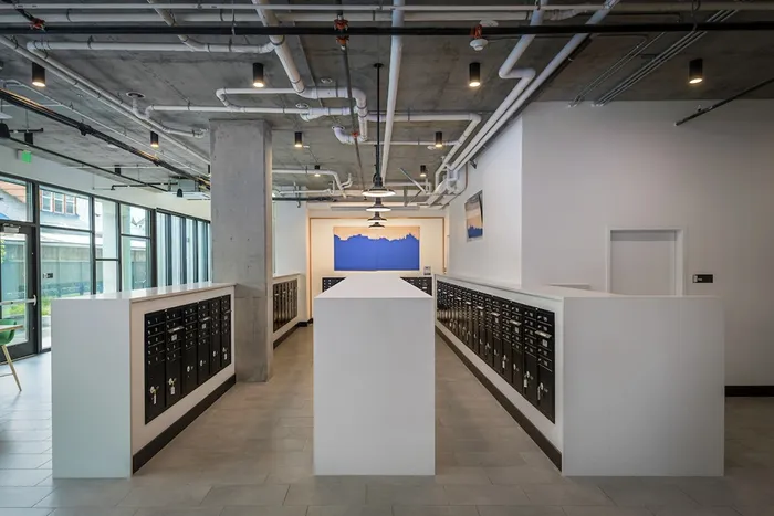 Community mail room with both small and large mailboxes