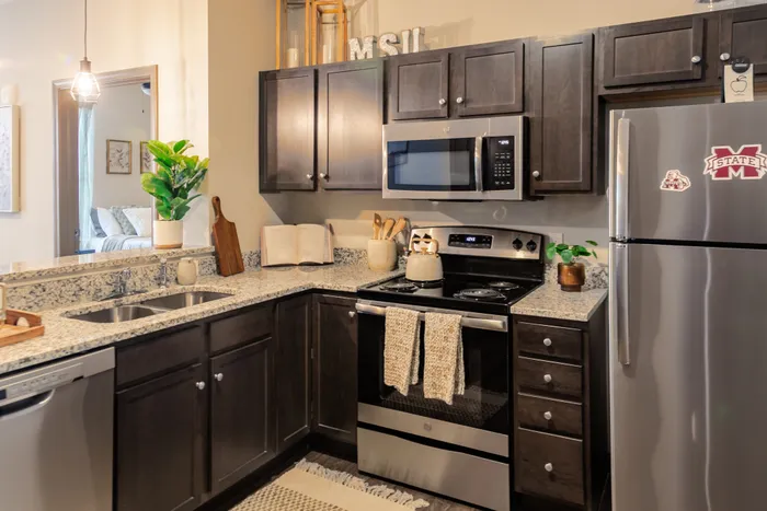 Kitchen with stainless steel appliances at College View Mississippi State student apartments.