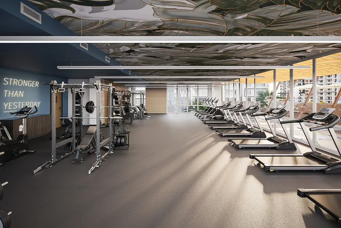 Rendering of the upcoming renovations to the fitness center with new flooring, blue walls, and a floral pattern on the ceiling