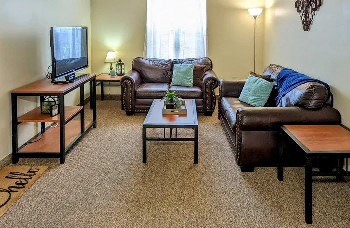 Living room with brown couches and blue pillow