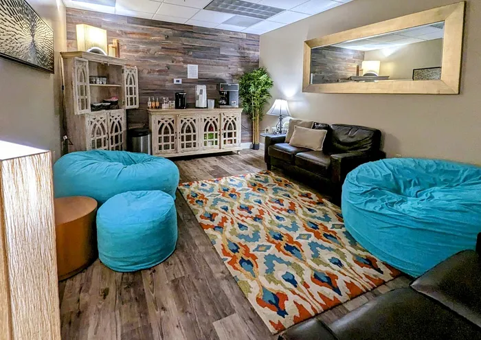 coffee lounge with blue bean bags