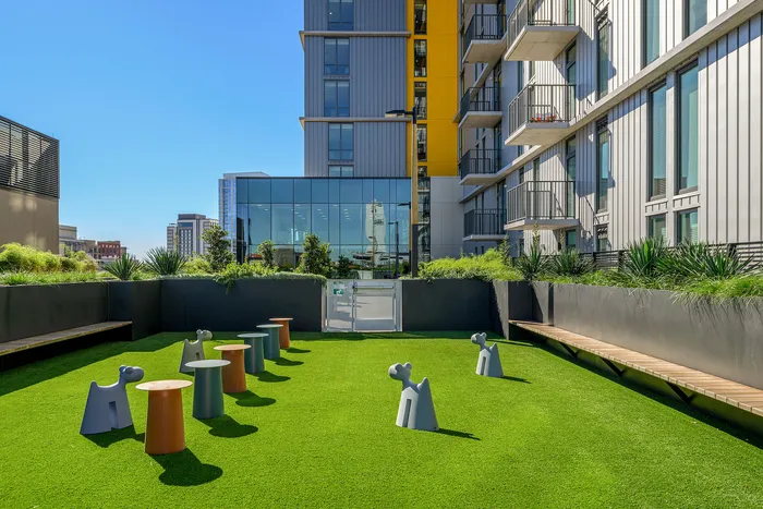 Pet deck with green space overlooking the city of Austin