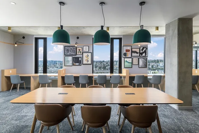 Common study lounge with plenty of seats and tables in student apartments in Seattle, Washington.