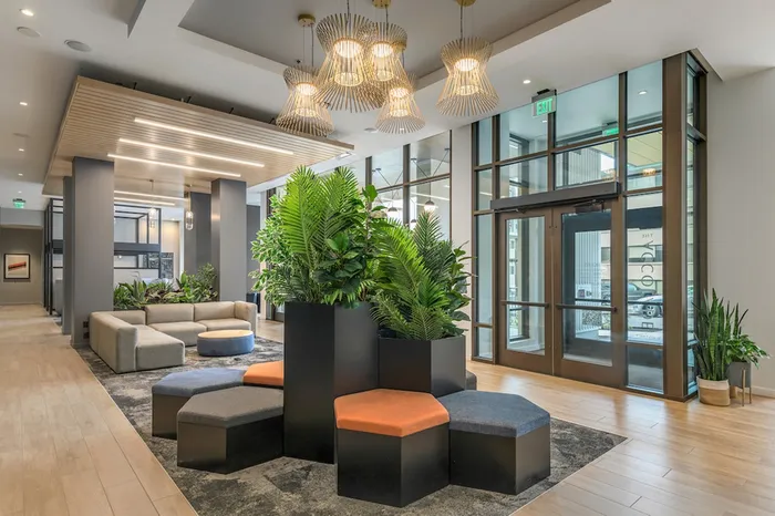 Front entrance way with seating, lush plants, and unique lighting.