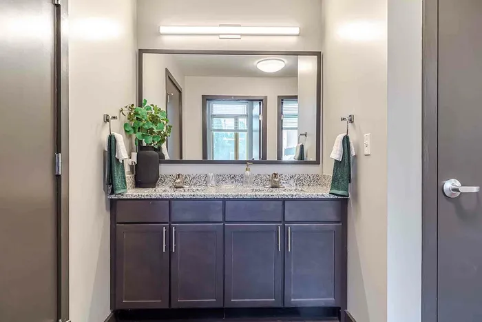 Bathroom with large mirror