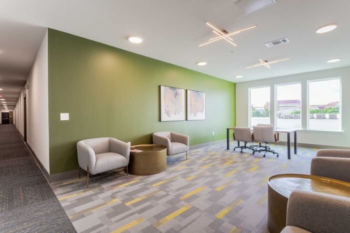 Chic and modern lounge area with stylish seating, bright green accent wall, geometric carpet design, and ample natural light from large windows.