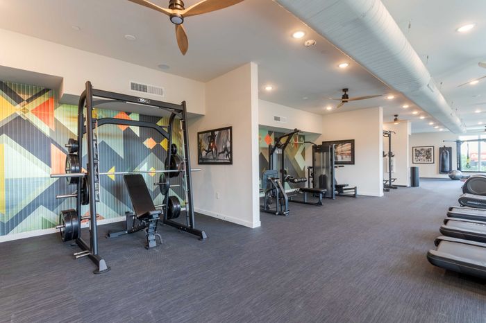 Contemporary fitness center with state-of-the-art equipment, vibrant geometric wall art, and expansive natural lighting.