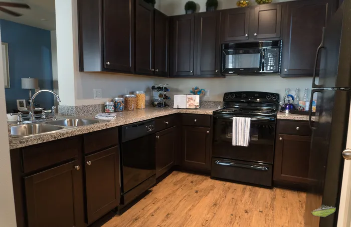 Elegant modern kitchen featuring dark wood cabinets, granite countertops, and sleek black appliances with a cozy ambiance.