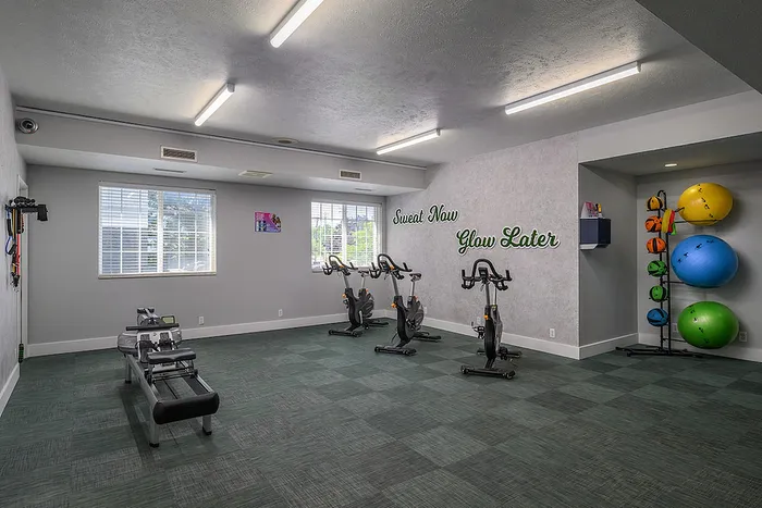 Modern fitness room with cycling machines, motivational wall art, and colorful exercise balls.