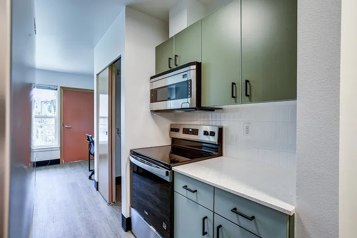 Modern kitchen with sleek green cabinets, stainless steel appliances, and bright sunlit hallway.