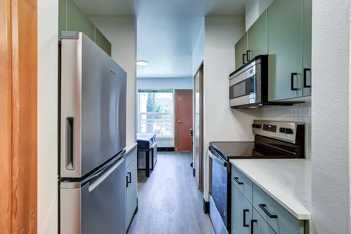 Modern kitchen with sleek stainless steel appliances, stylish cabinetry, and a bright window view.