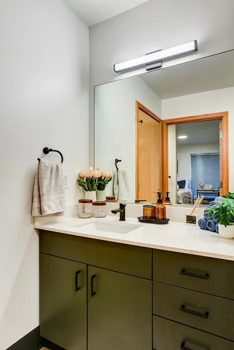 Elegant modern bathroom with sleek countertop, stylish faucet, and decorative accents.