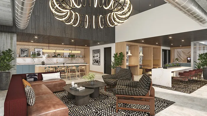 Luxurious open-concept living space with modern chandelier, stylish furniture, gourmet kitchen, and elegant decor accents.