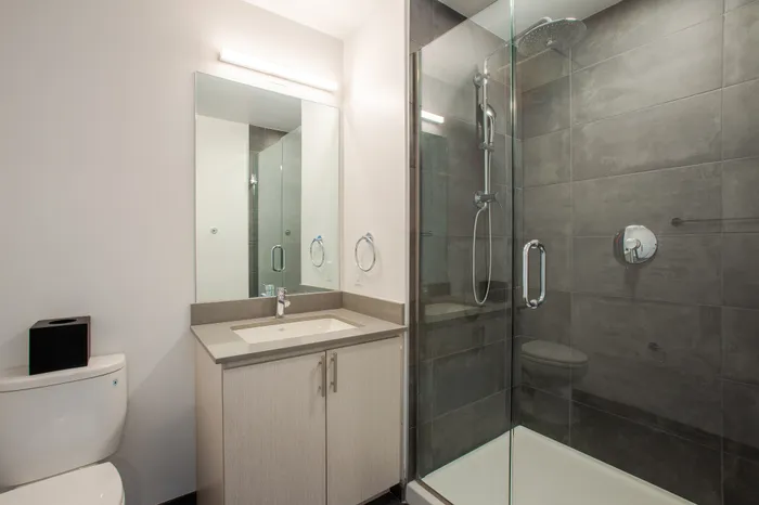 Modern bathroom featuring a sleek glass shower enclosure, elegant vanity, and minimalist lighting.