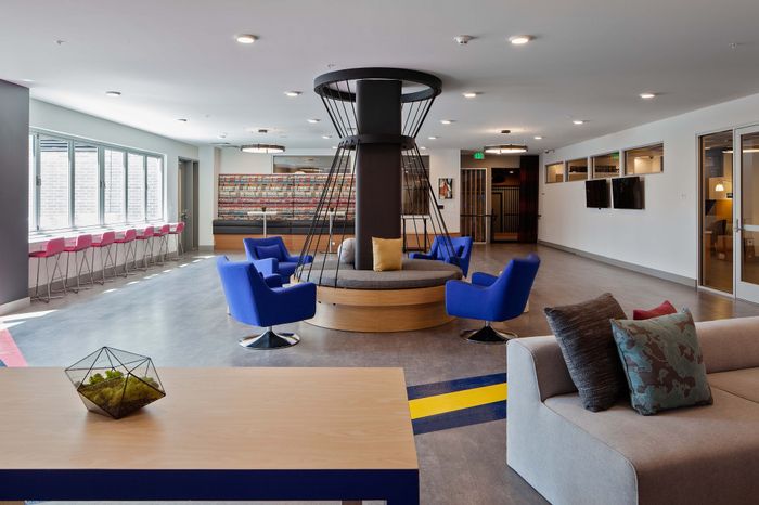Modern and inviting apartment lounge with blue armchairs around a central fixture, vibrant seating, and expansive windows for natural light.