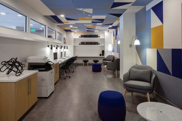 Modern coworking space featuring a vibrant geometric ceiling, sleek workstations with computers, comfortable seating areas, and accented with contemporary decor.