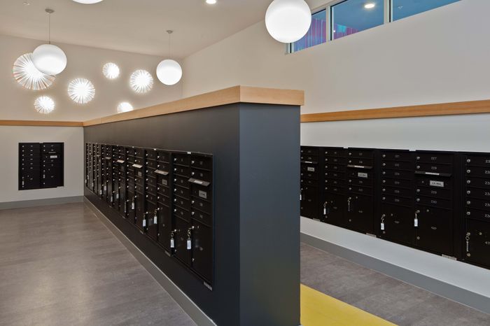 Modern apartment mailroom with sleek black mailboxes and stylish pendant lighting.