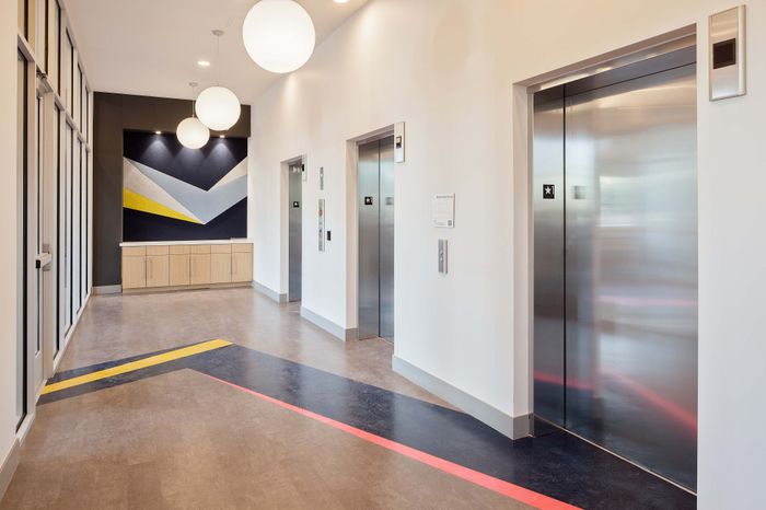 Modern and inviting apartment hallway featuring sleek elevators, contemporary lighting, and stylish wall art for a vibrant living experience.