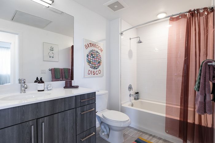 Contemporary bathroom with stylish gray vanity, modern fixtures, and a chic 'Bathroom Disco' wall art, exuding playful elegance.