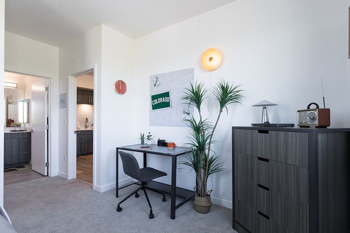 Modern apartment room with chic workspace, lush indoor plant, and elegant chest of drawers, exuding a cozy and stylish ambiance.
