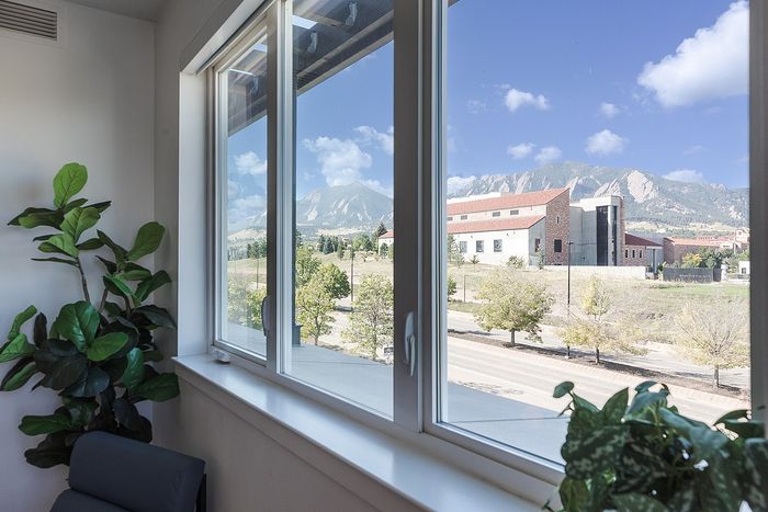 Breathtaking mountain view from modern apartment window, surrounded by lush green plants.